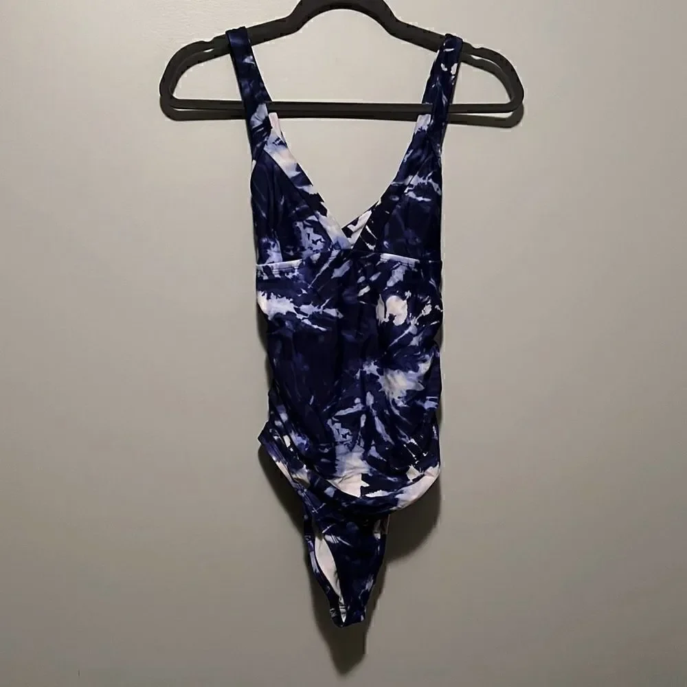 DSG Women's Blue White Tie-Dye Crossback One Piece Swimsuit